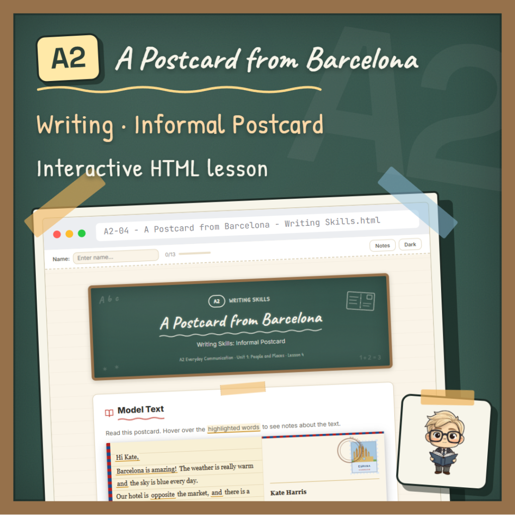 A Postcard from Barcelona A2 Writing lesson cover