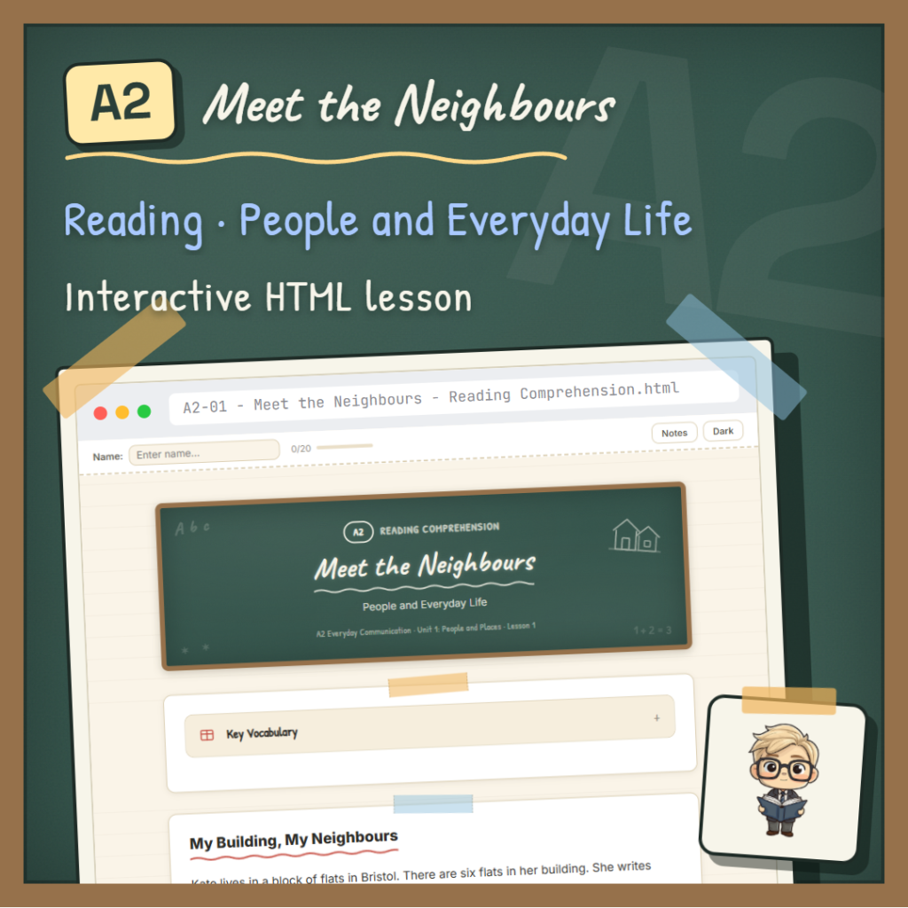 Meet the Neighbours A2 Reading lesson cover