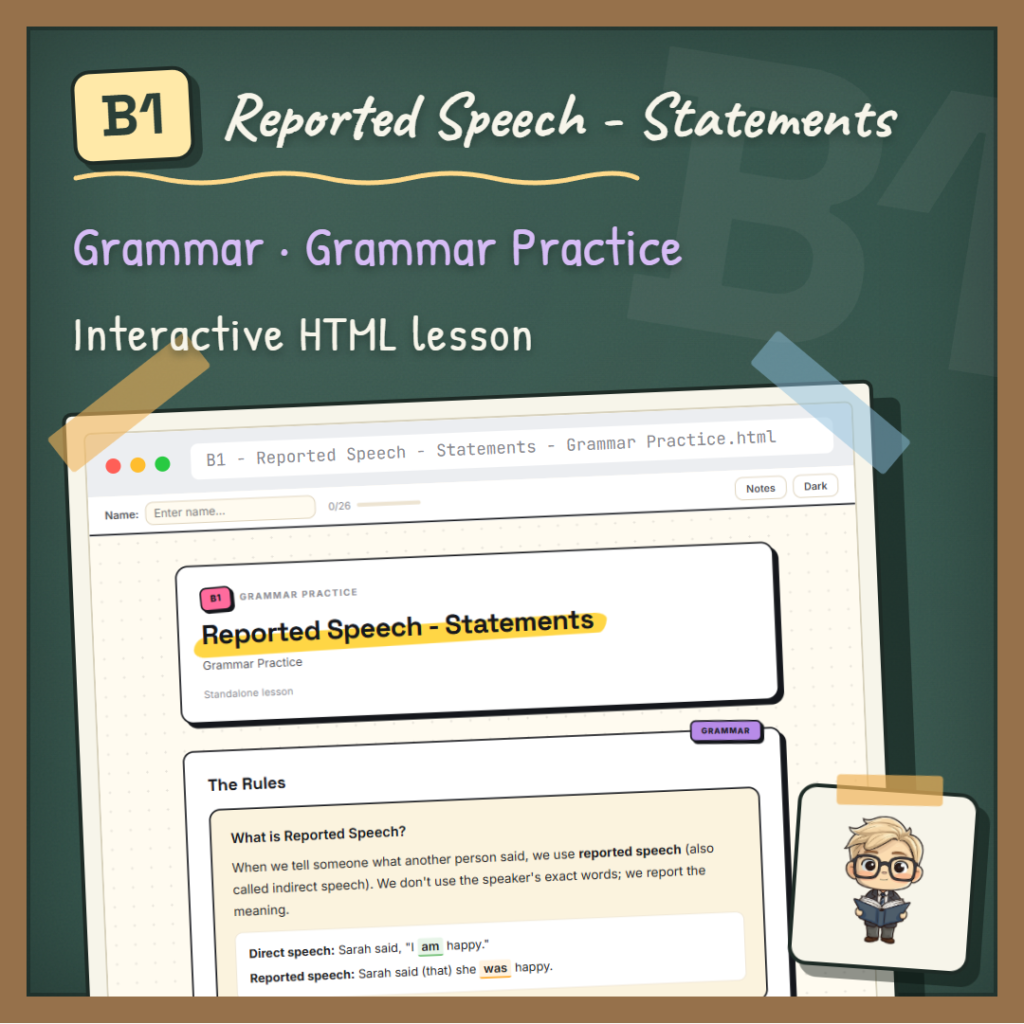 Reported Speech – Statements B1 Grammar lesson cover