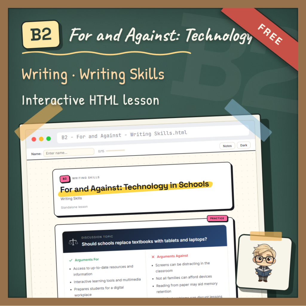 For and Against: Technology in Schools B2 Writing lesson cover