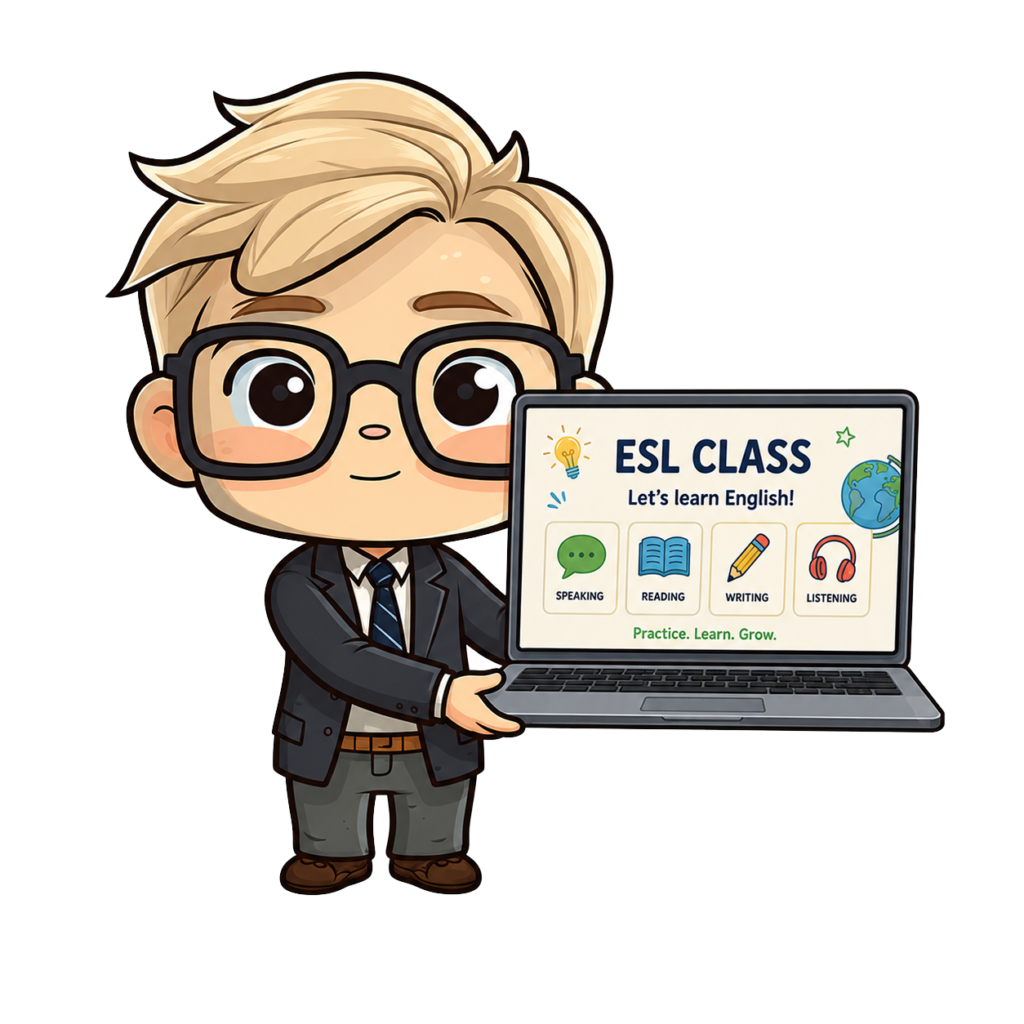 Teacher Mike character with a laptop