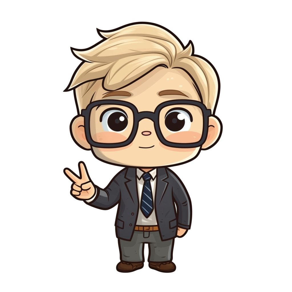Teacher Mike character giving a peace sign
